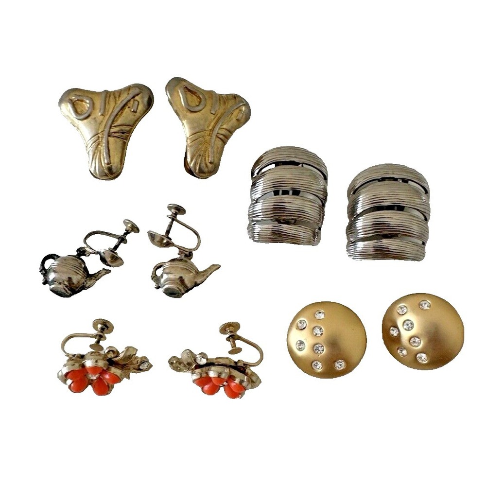 Clip On Earrings Button Teapot Dangle Orange Flower Coro‎ Blanca Mixed 5 Pr VTG